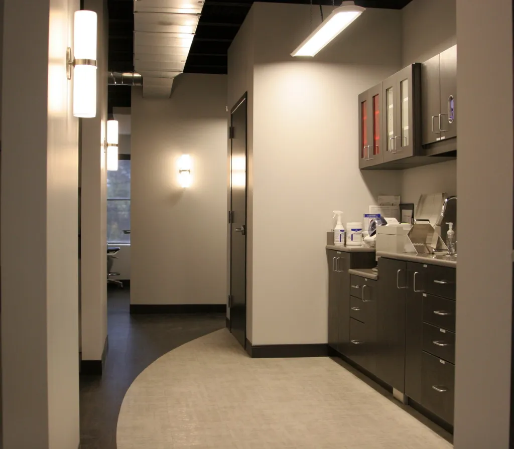 Interior photo: Columbia SC Prosthodontics practice hallway and work station